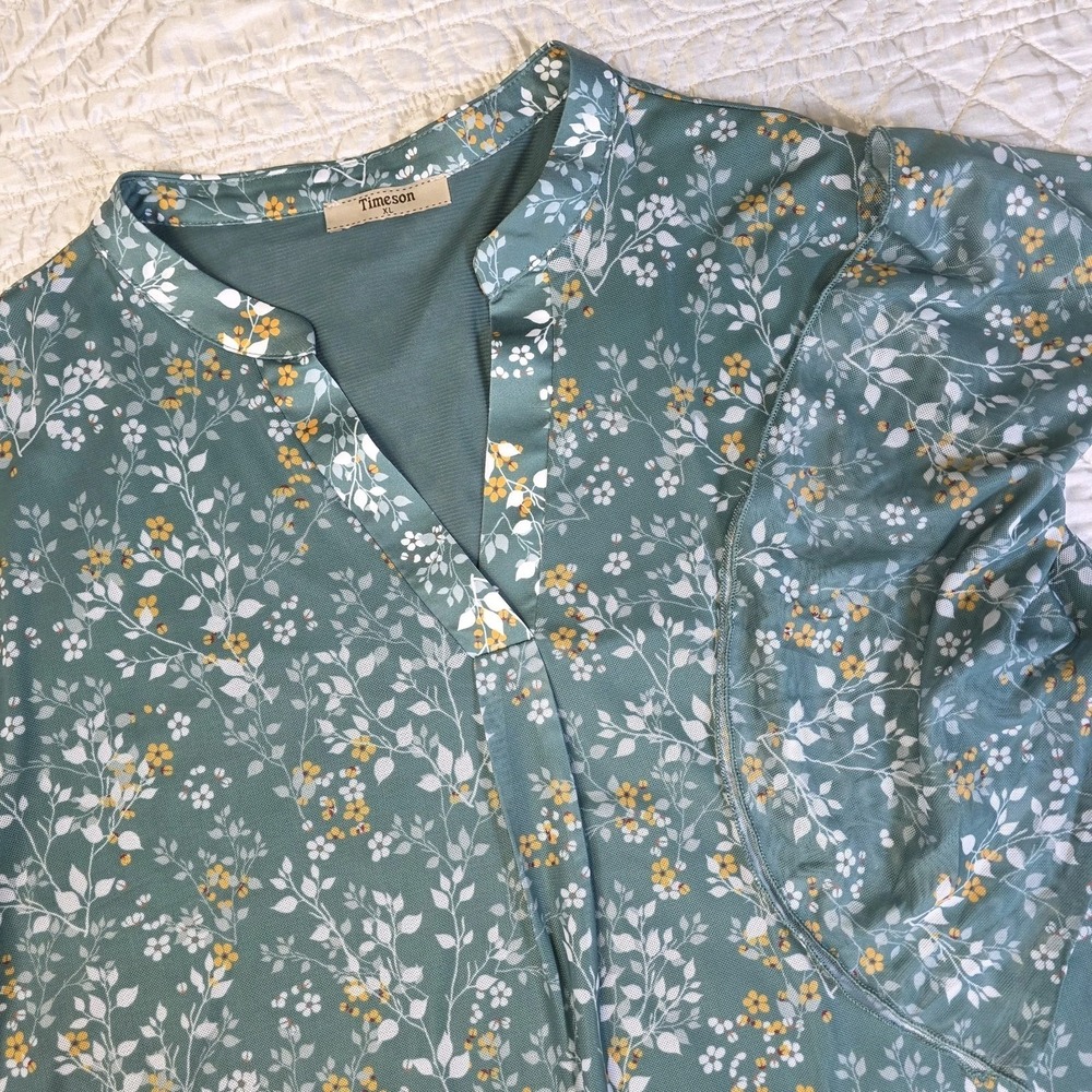 Timeson Womens XL Short Sleeve V Neck Blouse Floral Double Layers Mesh Light